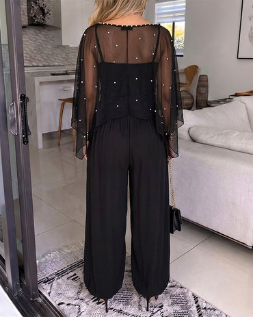 Women's 2-Piece Set Pearl Embellished Split Sleeve Chiffon Cape with Cami Lantern Jumpsuit
