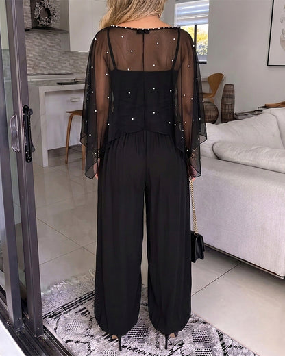 Women's 2-Piece Set Pearl Embellished Split Sleeve Chiffon Cape with Cami Lantern Jumpsuit