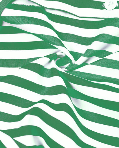 Striped Turn-down Collar Long Sleeve Dress Button Drwastring  Shirred Dress