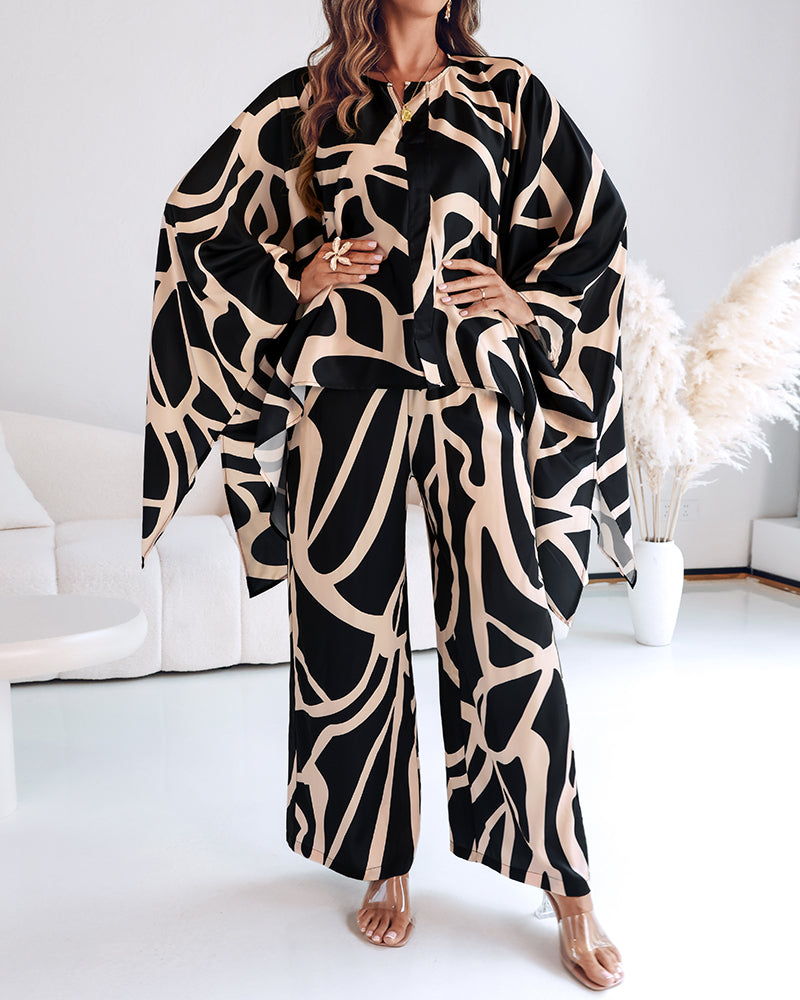 2 Pieces Outfit Abstract Print Batwing Sleeve Asymmetrical Top and Casual Wide Leg Pants Set