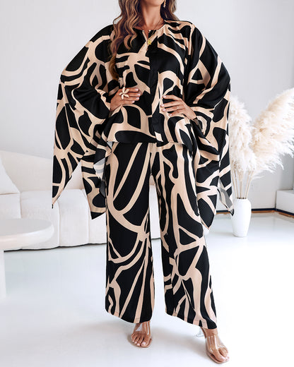 2 Pieces Outfit Abstract Print Batwing Sleeve Asymmetrical Top and Casual Wide Leg Pants Set