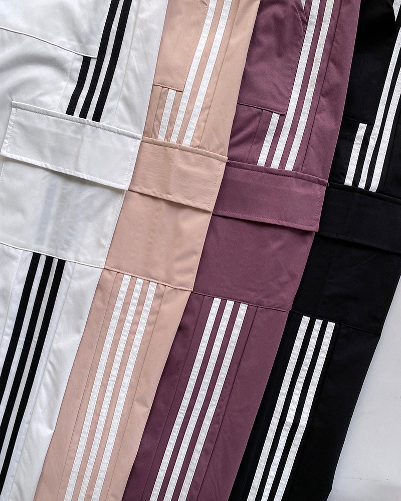 Contrast Side Striped Zipper Fly Stretchy High Waist Pants Flap Pockets Design Double Waistband Cargo Pants