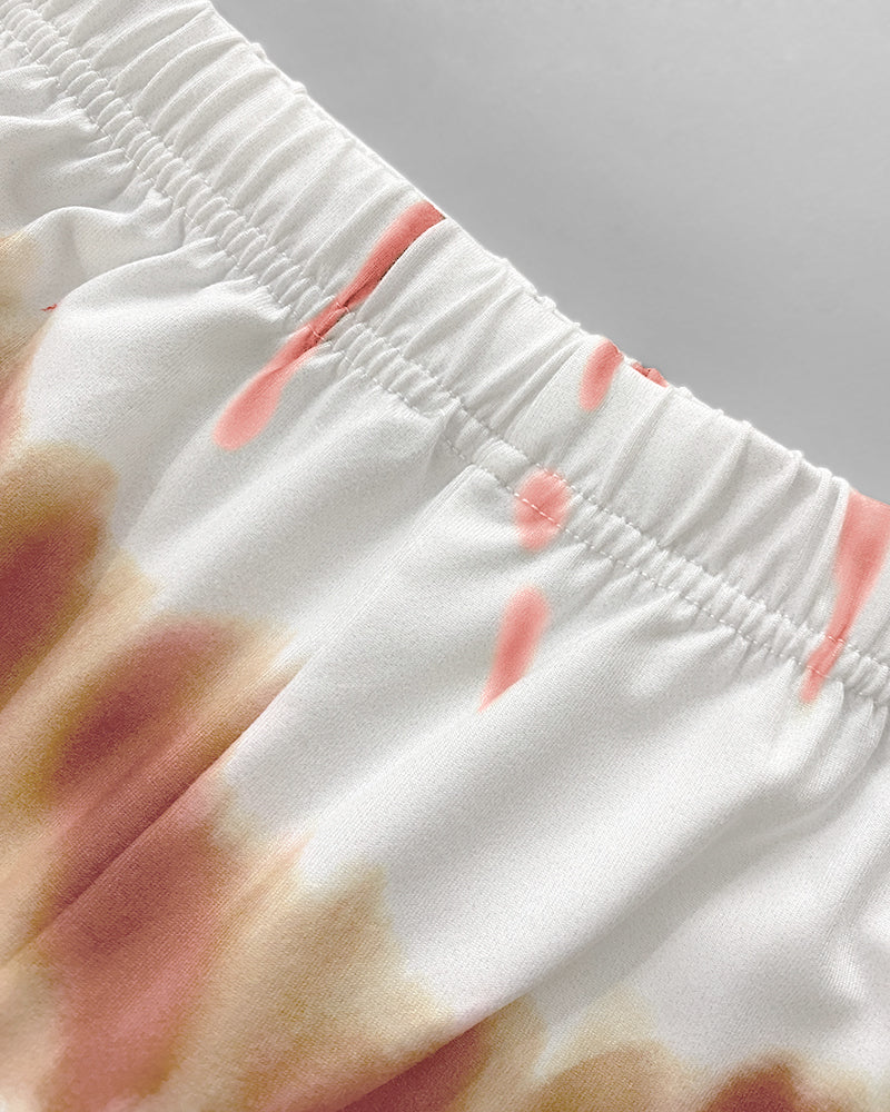 2 Pieces Outfit Letter Print Round Neck Short Sleeve Top And Tie Dye Print Elastic Waist Loose Fit Pants Set Casual Pajamas Set