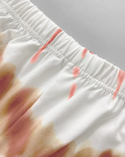 2 Pieces Outfit Letter Print Round Neck Short Sleeve Top And Tie Dye Print Elastic Waist Loose Fit Pants Set Casual Pajamas Set