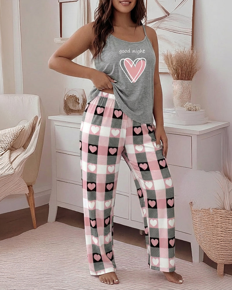 2 Pieces Outfit Heart & Good Night Slogan Print U-Neck Adjustable Spaghetti Straps Cami Top and Plaid & Heart Print Elastic Waist Wide Leg Pants Set Casual Pajamas Set