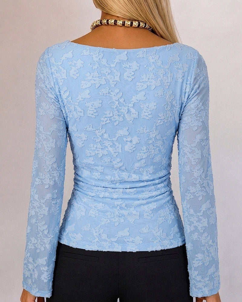 Women's Textured Jacquard Boat Neck Ruched Mesh Flare Sleeve Top