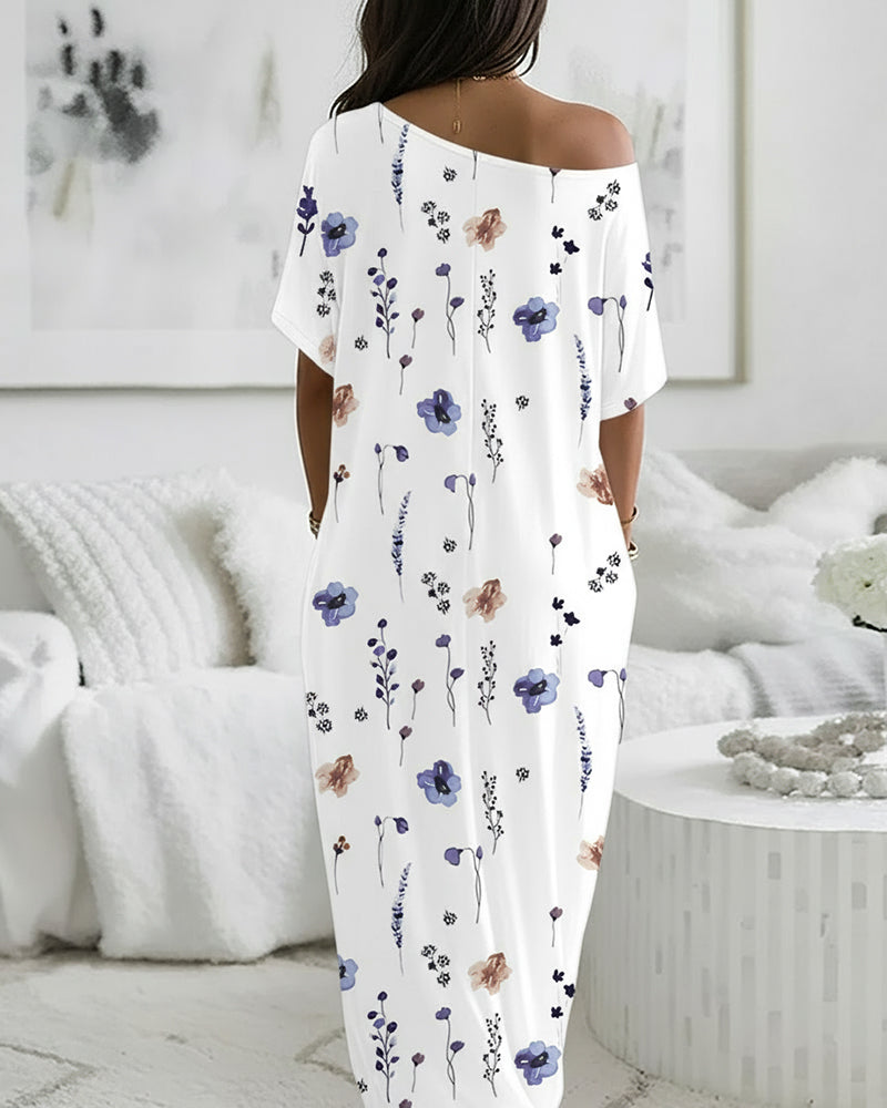 Floral Print Skew Neck Short Sleeve Maxi Nightdress Casual Loose Fit Loungewear with Pockets