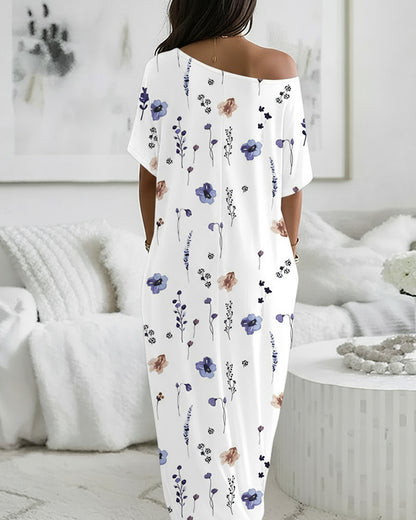 Floral Print Skew Neck Short Sleeve Maxi Nightdress Casual Loose Fit Loungewear with Pockets
