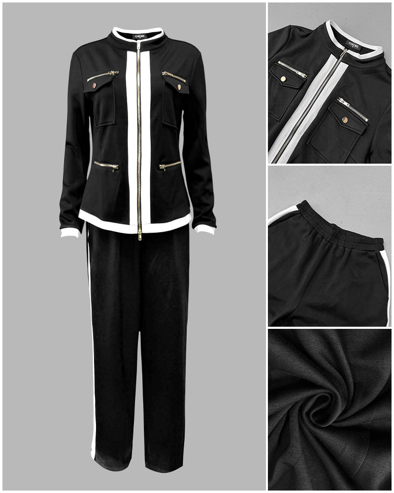 Women's 2 Piece Set Two-Way Zipper Front Stand Collar Top and High Waist Straight Leg Pants Casual Tracksuit