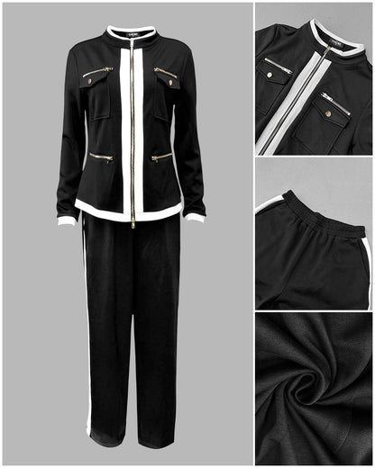 Women's 2 Piece Set Two-Way Zipper Front Stand Collar Top and High Waist Straight Leg Pants Casual Tracksuit
