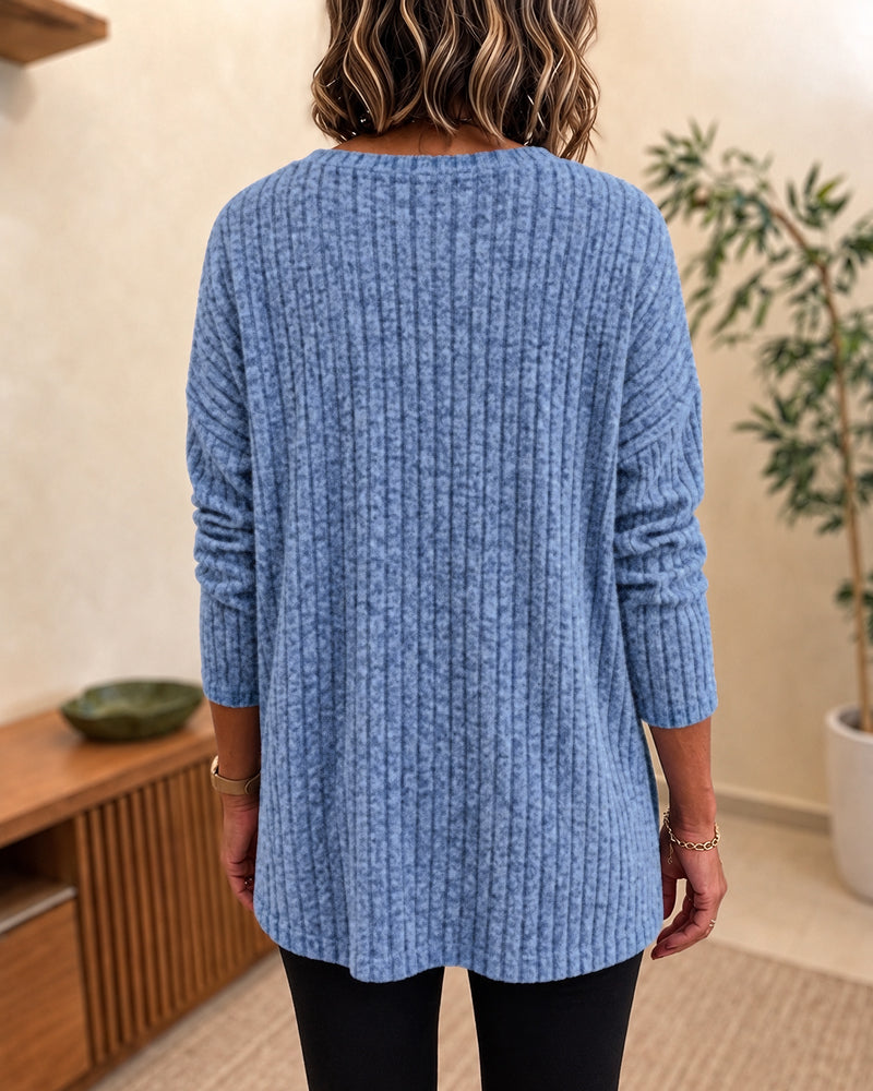 Women's Ribbed Knit Henley Neck Long Sleeve Loose Casual Top with Side Slits