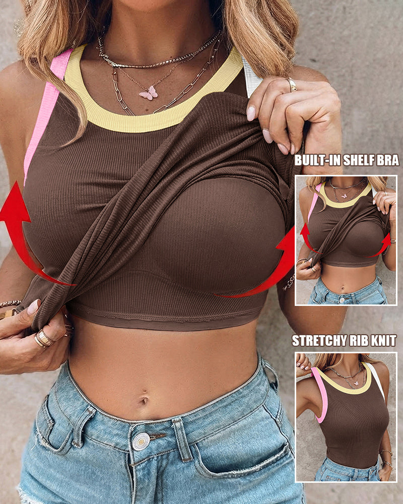 Women's Contrast Binding Tank Top Ribbed Knit Sleeveless Scoop Neck Slim Fit Camisole Top with Built-in Bra