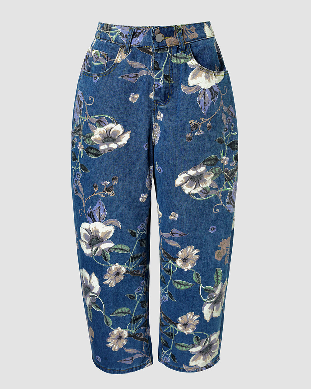Damen-Jeans mit Vintage-Blumenmuster, Baggy-Jeans, lässige, hoch taillierte, verkürzte Barrel-Jeans