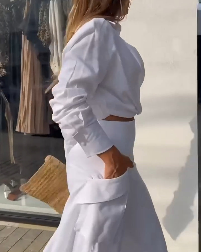 Ruched Long Sleeve Shirt & Wide Leg Asymmetrical Pants Set