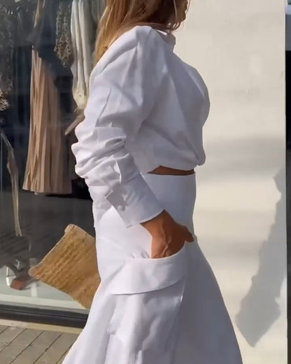 Ruched Long Sleeve Shirt & Wide Leg Asymmetrical Pants Set