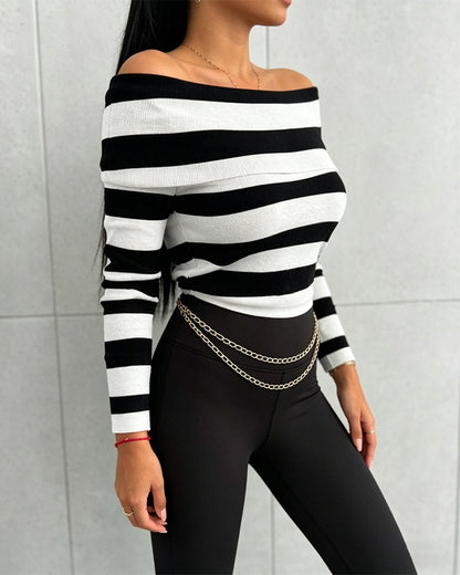 Women's Foldover Off Shoulder Striped Pullover Long Sleeve Slim Fit Knit Top