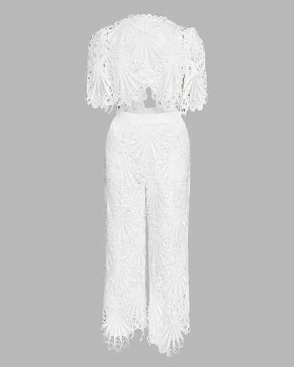 Women's 2-Piece Lace Matching Set Elegant Stand Collar Hollow Out Crop Top and High Waisted Straight Leg Pants Suit with Lining