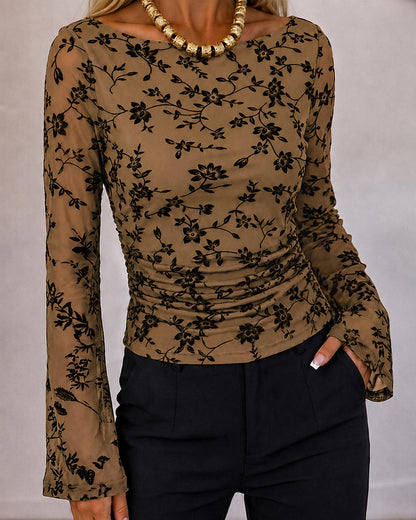 Women's Vintage Flocked Floral Mesh Top Boat Neck Ruched Flare Long Sleeve Tee