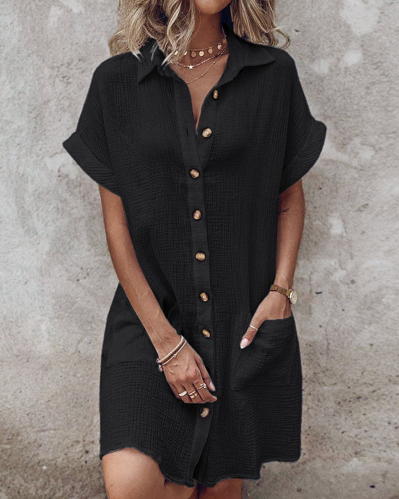 Women's Cotton Shirt Dress Casual Textured Short Sleeve Button Down Loose Mini Dress with Pockets