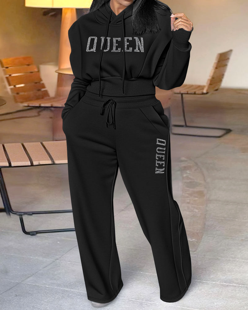 2 Pieces Outfit 3D Design Crop Drawstring Hoodie Top and Drawstring Elastic Waist Wide Leg Sweatpants Set Casual Rhinestone Letter Pattern Sweatshirt Set