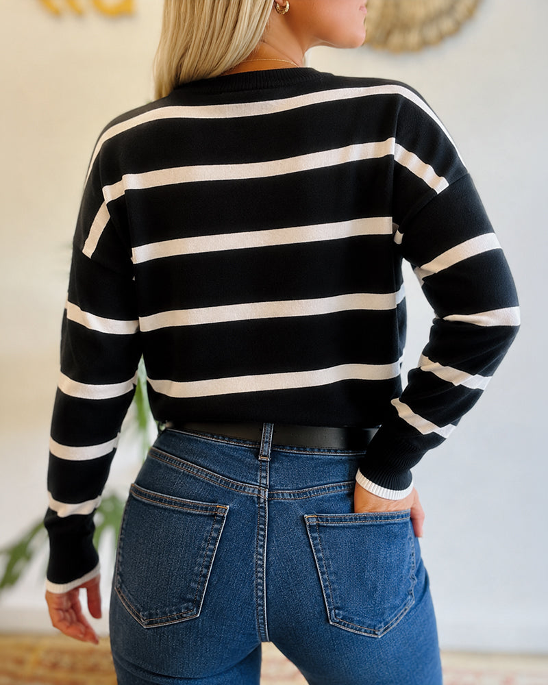 Women's Striped Drop Shoulder Sweater Casual Crewneck Long Sleeve Pullover