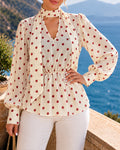 Women's Polka Dot Mock Neck Backless Chiffon Top Lantern Sleeve Blouse with Draped Tie Details