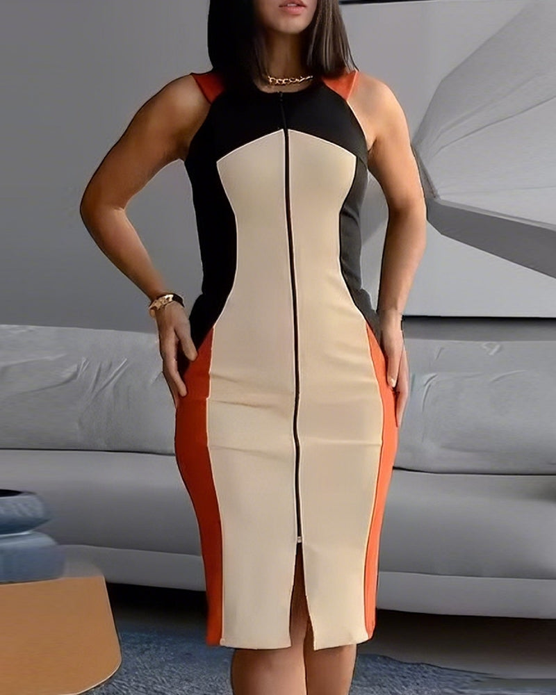 Colorblock O-neck Sleeveless Zipper Front Midi Dress Slim Fit Slit Front Commuting Dress