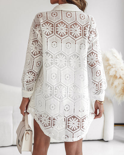 2 Pieces Outfit Turn-down Collar Button Front Sheer High-Low Hem Loose Fit Top and Elastic Waist Shorts Set With Lining Casual Lace Set