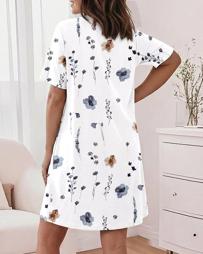 Watercolor Floral Print Short Sleeve Mini Nightdress Casual Loose Fit Loungewear with Pockets