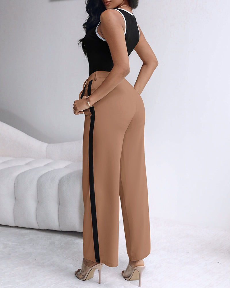 2 Piece Contrast Binding Sleeveless Slim Fit Tank Top and Striped Pants Sets Tracksuits Match Sets