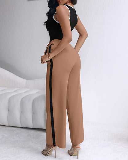 2 Piece Contrast Binding Sleeveless Slim Fit Tank Top and Striped Pants Sets Tracksuits Match Sets