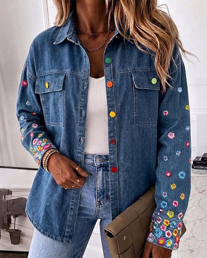 Women's Floral Embroidered Denim Jacket Colorful Button Down Jean Coat Casual Washed Shacket