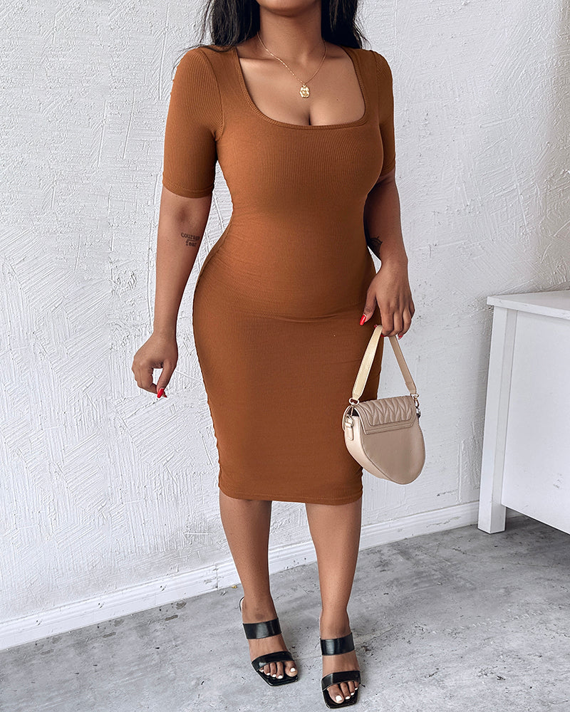 ChicMe Short Sleeve Bodycon Mid-Length Dress Square Neck Slim Fit Dress