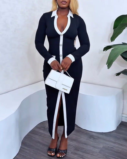 Pearls Button Decor Contrast Paneled Turn-down Collar Slit Front Dress Zipper Side Flap Detail Slim Fit Commuting Dress