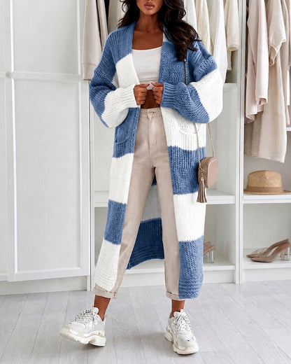 Women's Checkerboard Knit Cardigan Oversized Long Chunky Sweater Loose Lantern Sleeve Coat with Pockets