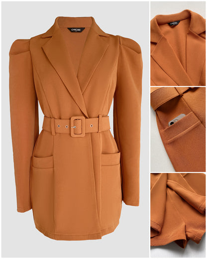 Notched Collar Puff Sleeve 2-in-1 Blazer Romper with Detachable Belt