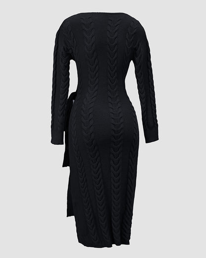 Cable Textured Overlap Deep V Neck Long Sleeve Mid Length Dress Tie Waist Slim Fit Knit Dress