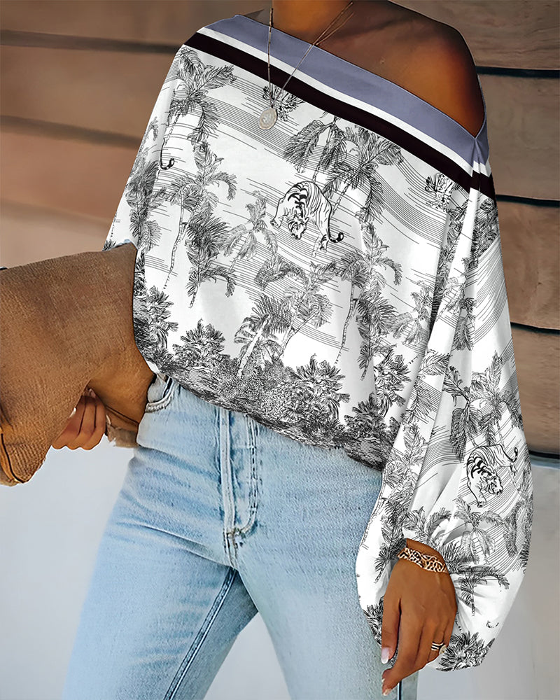 Ink Plants & Animal Placement Print Skew Neck Lantern Sleeve Blouse Casual Contrast Striped Loose Fit Top