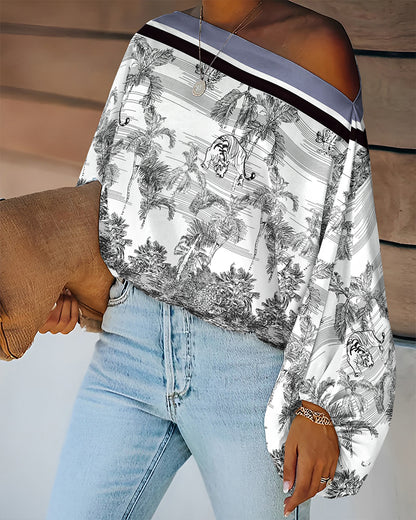 Ink Plants & Animal Placement Print Skew Neck Lantern Sleeve Blouse Casual Contrast Striped Loose Fit Top