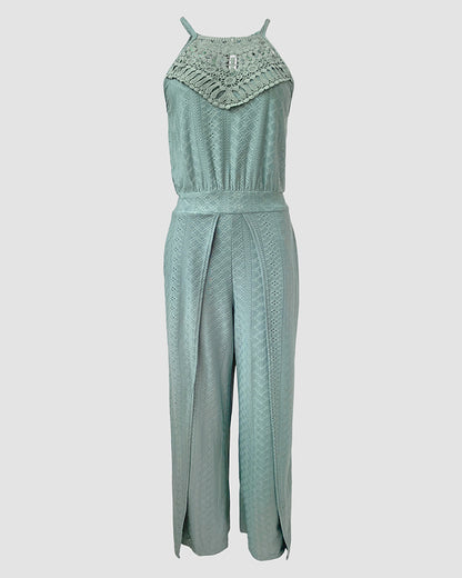 2 Pieces Outfit Halter Tie Guipure Lace Spliced Front Hollow-out Back Top and Elastic Back Waist Wrapped Slit Pants Set Casual Jacquard Textured Vacation Set