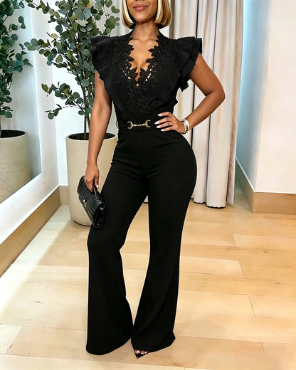 Women's Lace V Neck Jumpsuit Sleeveless Ruffle Overalls High Waisted Tie Waist Flare Leg Jumpsuit with Pockets