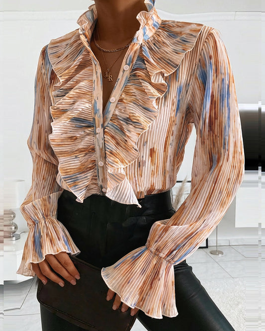 Tie Dye Print Stand Collar Flared Cuffs Button Front Blouse Casual Ruffles Design Pleated Top