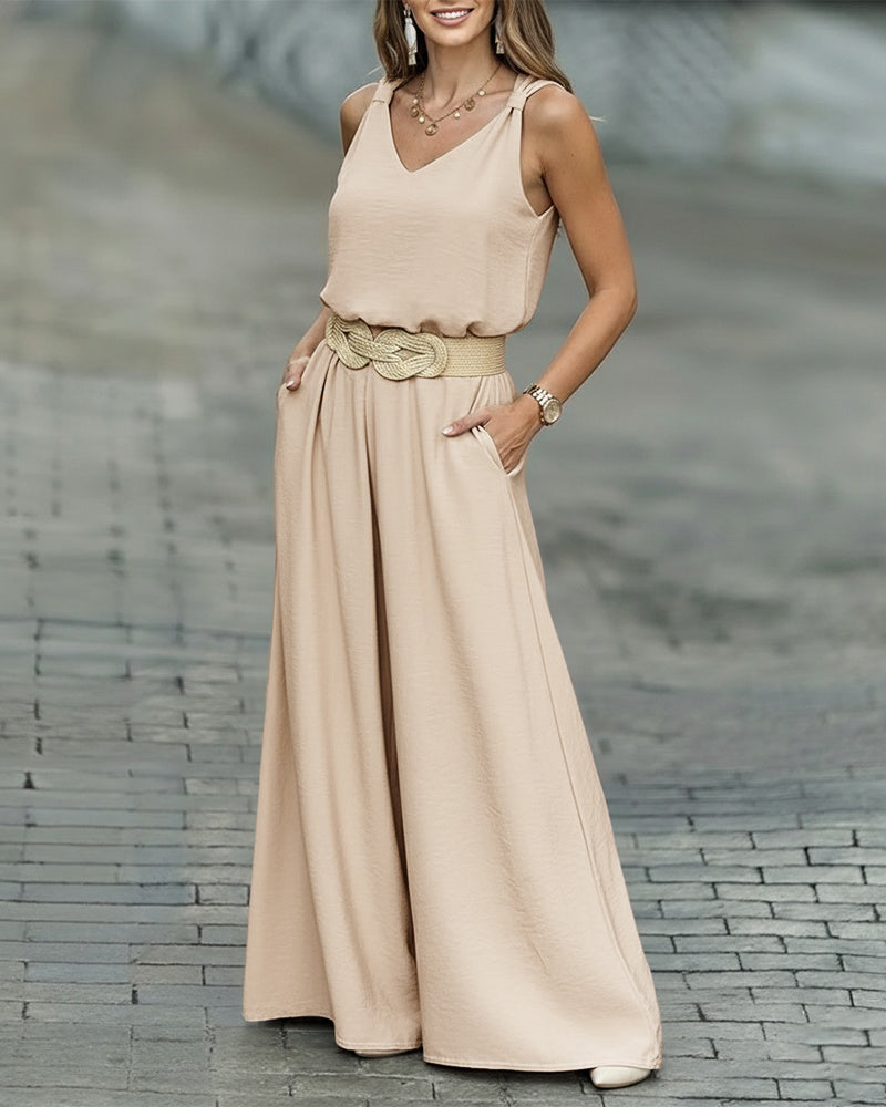 2 Pieces Outfit V-Neck Shoulder Bowknot Design Sleeveless Tank Top and Casual Zipper Fly Elastic Back Waist Wide Leg Pants Set without Belt