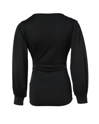 Deep V-Neck Lantern Sleeve Ruched Blouse Casual Slim Fit Top