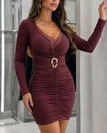 Women's Ruched Gold Ring Bodycon Dress Lace Spliced Deep V Neck Long Sleeve Mini Party Dress