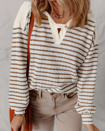 Women's Striped V Neck Colorblock Hooded Top Long Sleeve Casual Sweatshirt