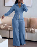 Women's 2 Piece Tracksuit Set Zip Lapel Tie Back Crop Top and Wide Leg Pants