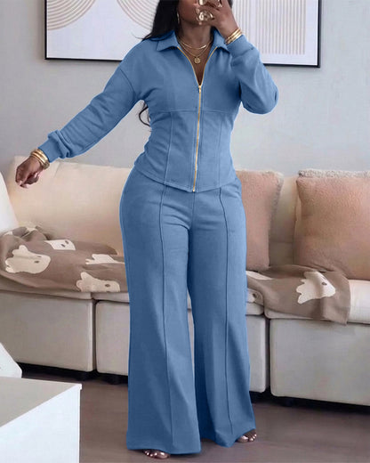 Women's 2 Piece Tracksuit Set Zip Lapel Tie Back Crop Top and Wide Leg Pants