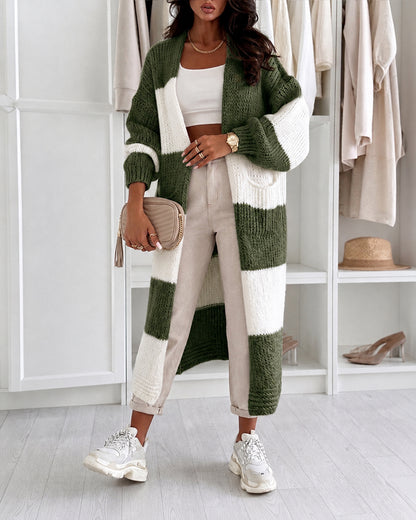 Women's Checkerboard Knit Cardigan Oversized Long Chunky Sweater Loose Lantern Sleeve Coat with Pockets