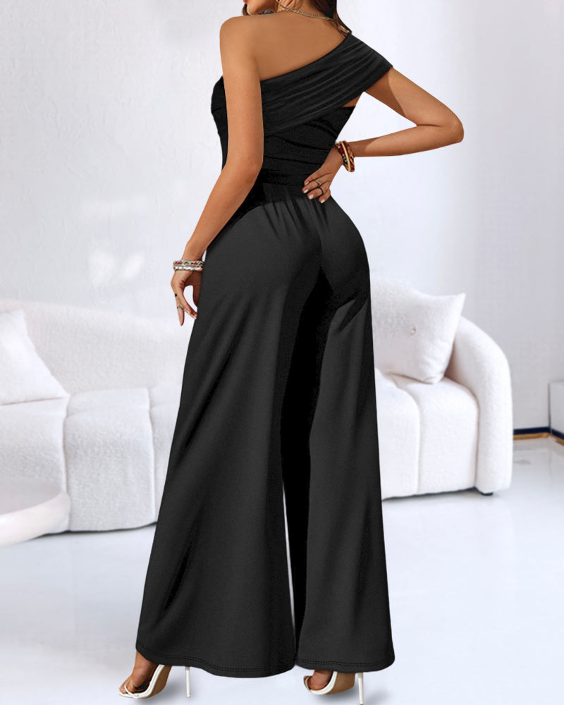 Cold Shoulder Ruched Buckle Wide Leg Jumpsuit